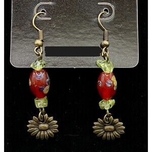 Handmade Bronze Tone Flower with Red & Green Glass Bead Earrings by Neanie-Bot